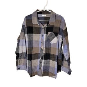 Maurices Plaid Long Sleeve Button Up Shirt Mens Size L Tan Purple Black Casual